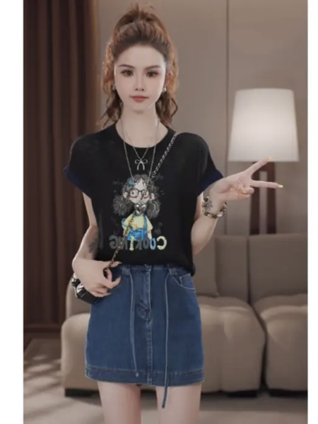 2025 Summer New Colorblock Black Round Neck Loose Slim Little Girl Printed T-shirt