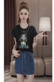 2025 Summer New Colorblock Black Round Neck Loose Slim Little Girl Printed T-shirt