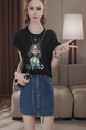 2025 Summer New Colorblock Black Round Neck Loose Slim Little Girl Printed T-shirt