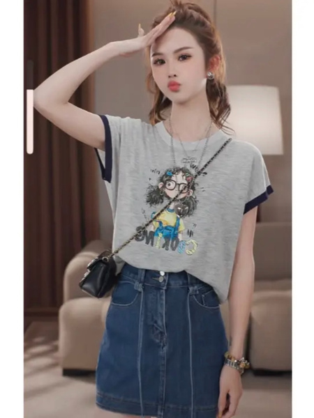 2025 Summer New Colorblock Gray Round Neck Loose Slim Little Girl Printed T-shirt
