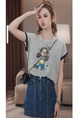 2025 Summer New Colorblock Gray Round Neck Loose Slim Little Girl Printed T-shirt