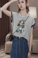 2025 Summer New Colorblock Gray Round Neck Loose Slim Little Girl Printed T-shirt