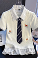 Real Shot Fake Two-Piece Shoulder Tie Puppy Embroidered Preppy Style Striped Stitching Polo Collar Slim-Fit Short-Sleeved T-shirt for Women in Light Gray