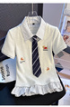 Real Shot Fake Two-Piece Shoulder Tie Puppy Embroidered Preppy Style Striped Stitching Polo Collar Slim-Fit Short-Sleeved T-shirt for Women in Light Gray
