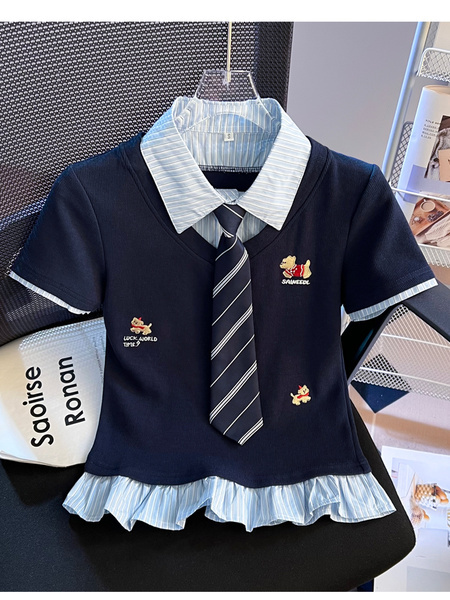 Real Shot Fake Two-Piece Shoulder Tie Puppy Embroidered Preppy Style Striped Stitching Polo Collar Slim-Fit Short-Sleeved T-shirt for Women in Navy Blue and Light Blue