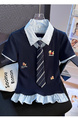 Real Shot Fake Two-Piece Shoulder Tie Puppy Embroidered Preppy Style Striped Stitching Polo Collar Slim-Fit Short-Sleeved T-shirt for Women in Navy Blue and Light Blue