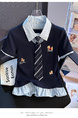 Real Shot Fake Two-Piece Shoulder Tie Puppy Embroidered Preppy Style Striped Stitching Polo Collar Slim-Fit Short-Sleeved T-shirt for Women in Navy Blue and Light Blue