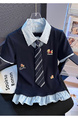 Real Shot Fake Two-Piece Shoulder Tie Puppy Embroidered Preppy Style Striped Stitching Polo Collar Slim-Fit Short-Sleeved T-shirt for Women in Navy Blue and Light Blue