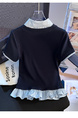 Real Shot Fake Two-Piece Shoulder Tie Puppy Embroidered Preppy Style Striped Stitching Polo Collar Slim-Fit Short-Sleeved T-shirt for Women in Navy Blue and Light Blue