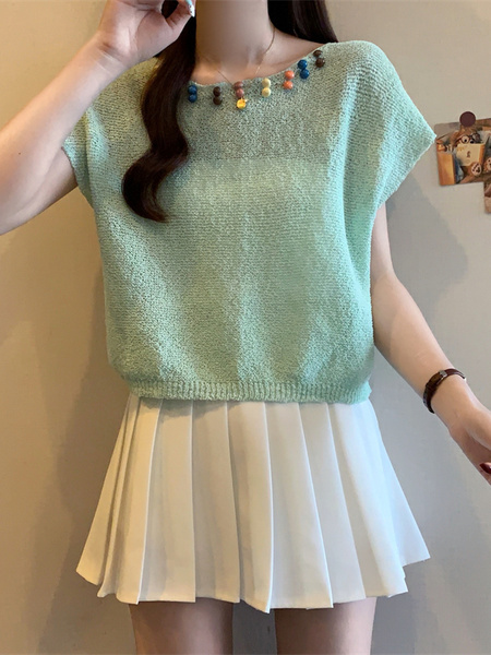 Real Shot Wholesale Price 2025 Summer New Casual Versatile Three-Dimensional Small Ball Decorated Bat Loose Short Top in Mint Green