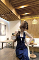High Quality and Quality! Sling Dress Female Summer New Floral French Halter Cinched Slimming Long Dress in Navy Blue Temperament Dress