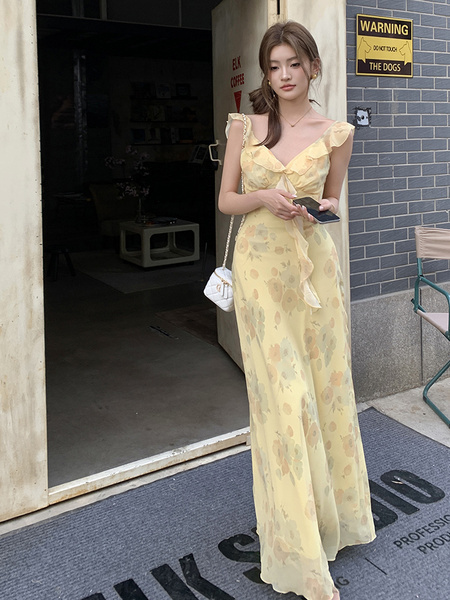 Real Shot 2025 Spring and Summer New Midsummer Garden Cream Yellow French Ruffled Rotating Fairy Dress Female Dress in Cream Yellow