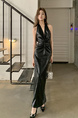 Real Shot 2025 Spring and Summer New Pure Want to Hang Neck Fashionable Deep V Dress Leather Skirt Women's High-Grade Pleated Long Skirt in Black
