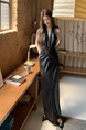 Real Shot 2025 Spring and Summer New Pure Want to Hang Neck Fashionable Deep V Dress Leather Skirt Women's High-Grade Pleated Long Skirt in Black