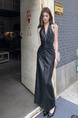 Real Shot 2025 Spring and Summer New Pure Want to Hang Neck Fashionable Deep V Dress Leather Skirt Women's High-Grade Pleated Long Skirt in Black