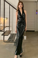 Real Shot 2025 Spring and Summer New Pure Want to Hang Neck Fashionable Deep V Dress Leather Skirt Women's High-Grade Pleated Long Skirt in Black