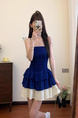 High Quality and Quality! Summer New Retro French Elegant Graceful Pure Desire Hot Girl Stitching High Waist Bubble Dress in Navy Blue and Cream White