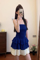 High Quality and Quality! Summer New Retro French Elegant Graceful Pure Desire Hot Girl Stitching High Waist Bubble Dress in Navy Blue and Cream White