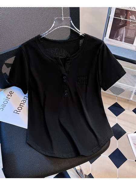 Siloy Real Shot 2025 Summer New ICE Cotton Fashion Small V-neck Short Sleeve Top Versatile Simple Blouse in Black