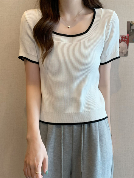 Real Shot Wholesale Price 2025 Summer New Design Niche Contrast Color Round Neck Casual Versatile Short-Sleeved Tops for Women in White with Black Trim