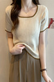 Real Shot Wholesale Price 2025 Summer New Design Niche Contrast Color Round Neck Casual Versatile Short-Sleeved Tops for Women in Cream with Brown Trim