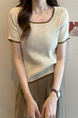 Real Shot Wholesale Price 2025 Summer New Design Niche Contrast Color Round Neck Casual Versatile Short-Sleeved Tops for Women in Cream with Brown Trim