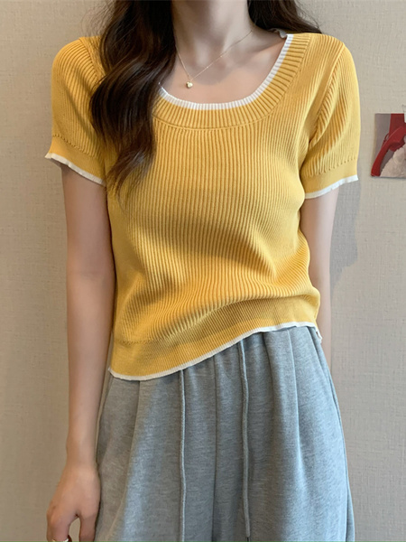 Real Shot Wholesale Price 2025 Summer New Design Niche Contrast Color Round Neck Casual Versatile Short-Sleeved Tops for Women in Yellow with White Trim