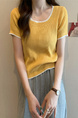 Real Shot Wholesale Price 2025 Summer New Design Niche Contrast Color Round Neck Casual Versatile Short-Sleeved Tops for Women in Yellow with White Trim