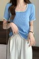 Real Shot Wholesale Price 2025 Summer New Design Niche Contrast Color Round Neck Casual Versatile Short-Sleeved Tops for Women in Light Blue with Cream Trim