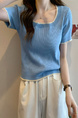 Real Shot Wholesale Price 2025 Summer New Design Niche Contrast Color Round Neck Casual Versatile Short-Sleeved Tops for Women in Light Blue with Cream Trim
