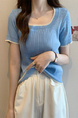Real Shot Wholesale Price 2025 Summer New Design Niche Contrast Color Round Neck Casual Versatile Short-Sleeved Tops for Women in Light Blue with Cream Trim