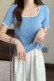 Real Shot Wholesale Price 2025 Summer New Design Niche Contrast Color Round Neck Casual Versatile Short-Sleeved Tops for Women in Light Blue with Cream Trim