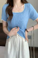 Real Shot Wholesale Price 2025 Summer New Design Niche Contrast Color Round Neck Casual Versatile Short-Sleeved Tops for Women in Light Blue with Cream Trim