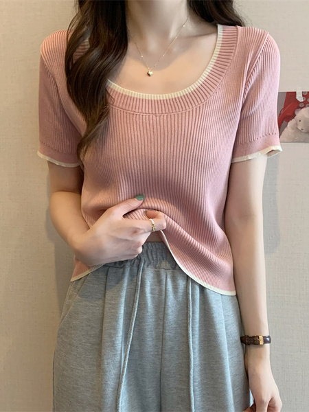 Real Shot Wholesale Price 2025 Summer New Design Niche Contrast Color Round Neck Casual Versatile Short-Sleeved Tops for Women in Pink with Cream Trim
