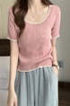 Real Shot Wholesale Price 2025 Summer New Design Niche Contrast Color Round Neck Casual Versatile Short-Sleeved Tops for Women in Pink with Cream Trim