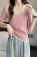 Real Shot Wholesale Price 2025 Summer New Design Niche Contrast Color Round Neck Casual Versatile Short-Sleeved Tops for Women in Pink with Cream Trim
