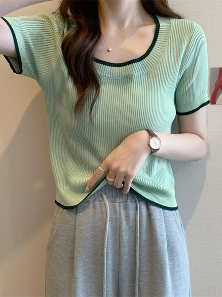 Real Shot Wholesale Price 2025 Summer New Design Niche Contrast Color Round Neck Casual Versatile Short-Sleeved Tops for Women in Mint Green with Dark Green Trim