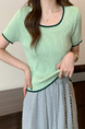 Real Shot Wholesale Price 2025 Summer New Design Niche Contrast Color Round Neck Casual Versatile Short-Sleeved Tops for Women in Mint Green with Dark Green Trim