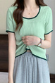 Real Shot Wholesale Price 2025 Summer New Design Niche Contrast Color Round Neck Casual Versatile Short-Sleeved Tops for Women in Mint Green with Dark Green Trim
