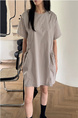 Korean Chic Niche Round Neck Loose Big Pocket Dress in Beige