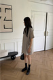 Korean Chic Niche Round Neck Loose Big Pocket Dress in Beige