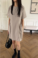 Korean Chic Niche Round Neck Loose Big Pocket Dress in Beige