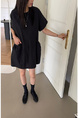 Korean Chic Niche Round Neck Loose Big Pocket Dress in Black