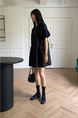 Korean Chic Niche Round Neck Loose Big Pocket Dress in Black