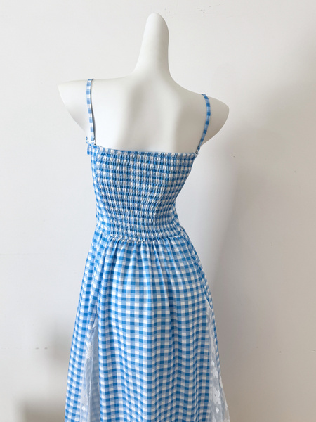Real Shot Cost-Effective! French Style Blue Plaid Off-Shoulder Spaghetti Straps Dress Women's Summer Vacation Lace Tube Top Dress