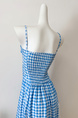 Real Shot Cost-Effective! French Style Blue Plaid Off-Shoulder Spaghetti Straps Dress Women's Summer Vacation Lace Tube Top Dress