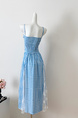 Real Shot Cost-Effective! French Style Blue Plaid Off-Shoulder Spaghetti Straps Dress Women's Summer Vacation Lace Tube Top Dress