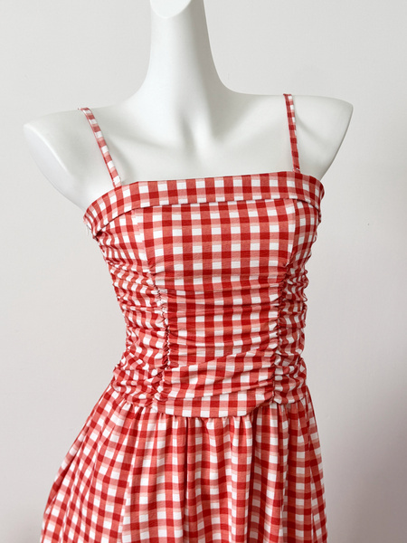 Real Shot Cost-Effective! French Style Red Plaid Off-Shoulder Spaghetti Straps Dress Women's Summer Vacation Lace Tube Top Dress