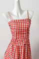 Real Shot Cost-Effective! French Style Red Plaid Off-Shoulder Spaghetti Straps Dress Women's Summer Vacation Lace Tube Top Dress