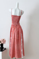 Real Shot Cost-Effective! French Style Red Plaid Off-Shoulder Spaghetti Straps Dress Women's Summer Vacation Lace Tube Top Dress